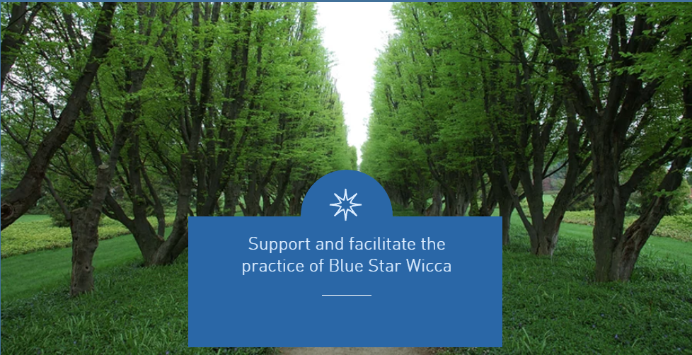 A lane with trees n either side.  with a plaque "Support and facilitate the practice of Blue Star Wicca"