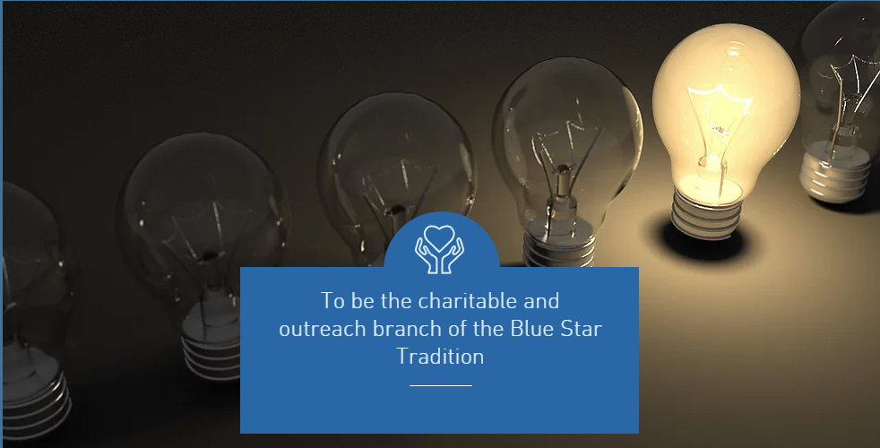 A row of lightbulbs with a Plaque "To be the charitable and outreach branch of the Blue Star Tradition"